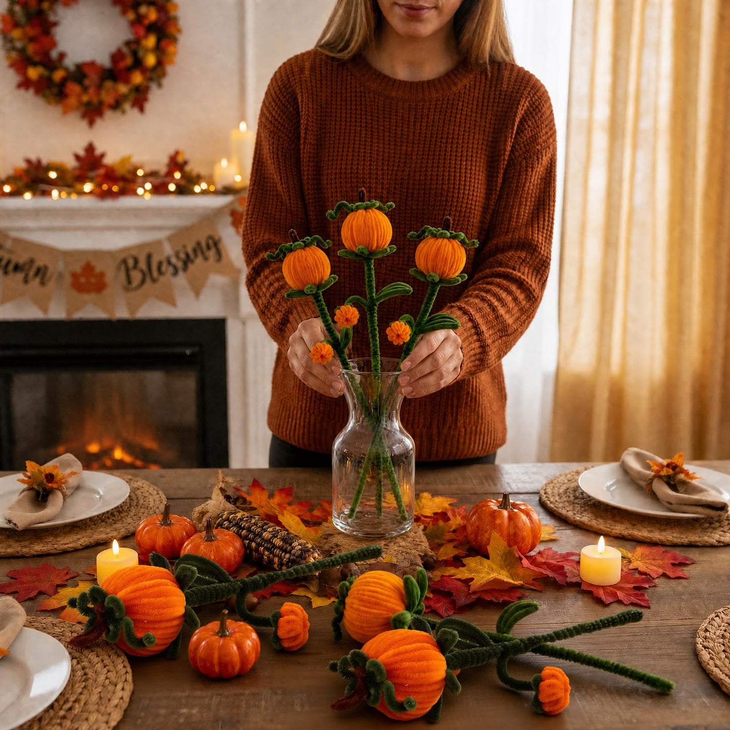 Wavyknot 12 Pcs Pipe Cleaners Fall Pumpkin Floral Picks 11.2'' Autumn Flower Branches Decorations Pumpkin Themed Table Centerpieces Decor for Harvest Halloween Thanksgiving Party Farmhouse Home Decor