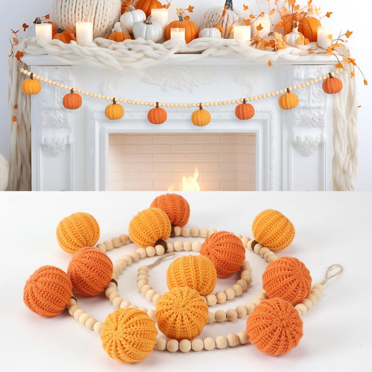 Crochet Pumpkins Garland with Wood Beads Fall Pumpkin Garlands Decor for Fall Thanksgiving, Harvest, Halloween Orange and Pink Color Sets (Rustic Fall Color)