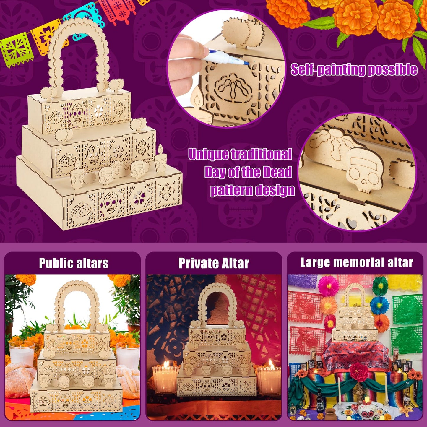 MotiMind Dia De Los Muertos Altar Ofrenda, Wooden Sugar Skull and Candle Papel Picado Day of The Dead Supplies with Photo Frame for Dia De Los Muertos Decor and Indian Diwali Decoration(Arch Style)
