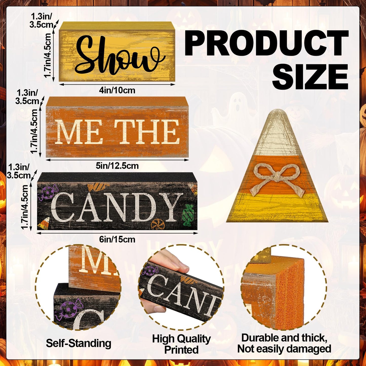 Lineshading 4 Pcs Halloween Table Decoration Candy Corn Wooden Stacked Block, "Show Me the Candy" Signs with Candys Corn Topper, Halloween Tiered Tray Decor Rustic Fall Decor for Home Office Kitchen