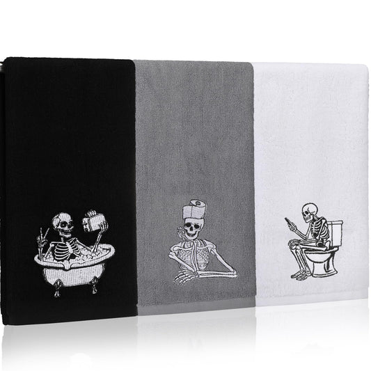 Breling 3 Pcs Halloween Skeleton Kitchen Hand Towels 13.3 x 29 Inch Towels for Bathroom Cotton Soft Embroidered Home Decoration 100% Cotton for Goth Kitchen Halloween Birthday Gifts