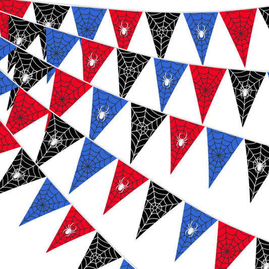 Gilprop 49.2 Ft / 60 Pieces Spider Web Party Decorations Pennant Banner Triangle Flags Garland Bunting Banner for Birthday Gender Reveal Wedding Baby Shower Decor Supplies (Red Blue Black)