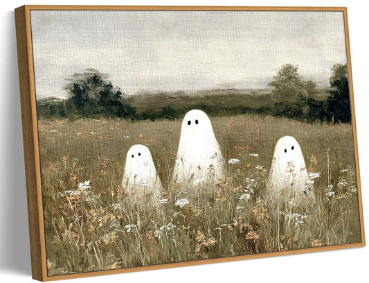 Framed Halloween Canvas Wall Art Wildflowers Meadow Ghost Poster Print Cute Ghost Picture Autumn Vintage Aesthetic Wall Decor for Bedroom Living Room 8x10in