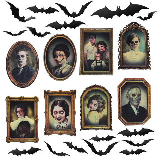 Geetery 52 Pcs Halloween Decoration Indoor 3D Changing Face Horror Moving Pictures Portrait Frames with 3D Bat Stickers Gothic Horror Castle Haunted House Indoor Wall Door Decor Party Supplies