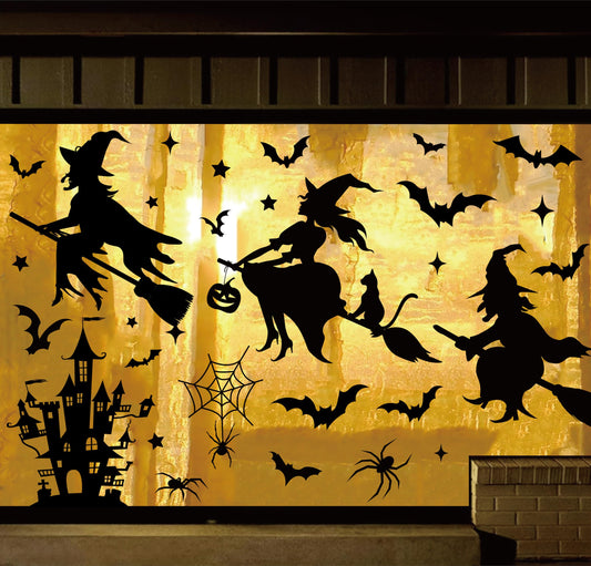 JarThenaAMCS Extra Large Halloween Window Clings Black Witch Castle Bat Window Stickers Double-Sided Glass Decals for Home Classroom Office Party Decoration, 4 Sheets
