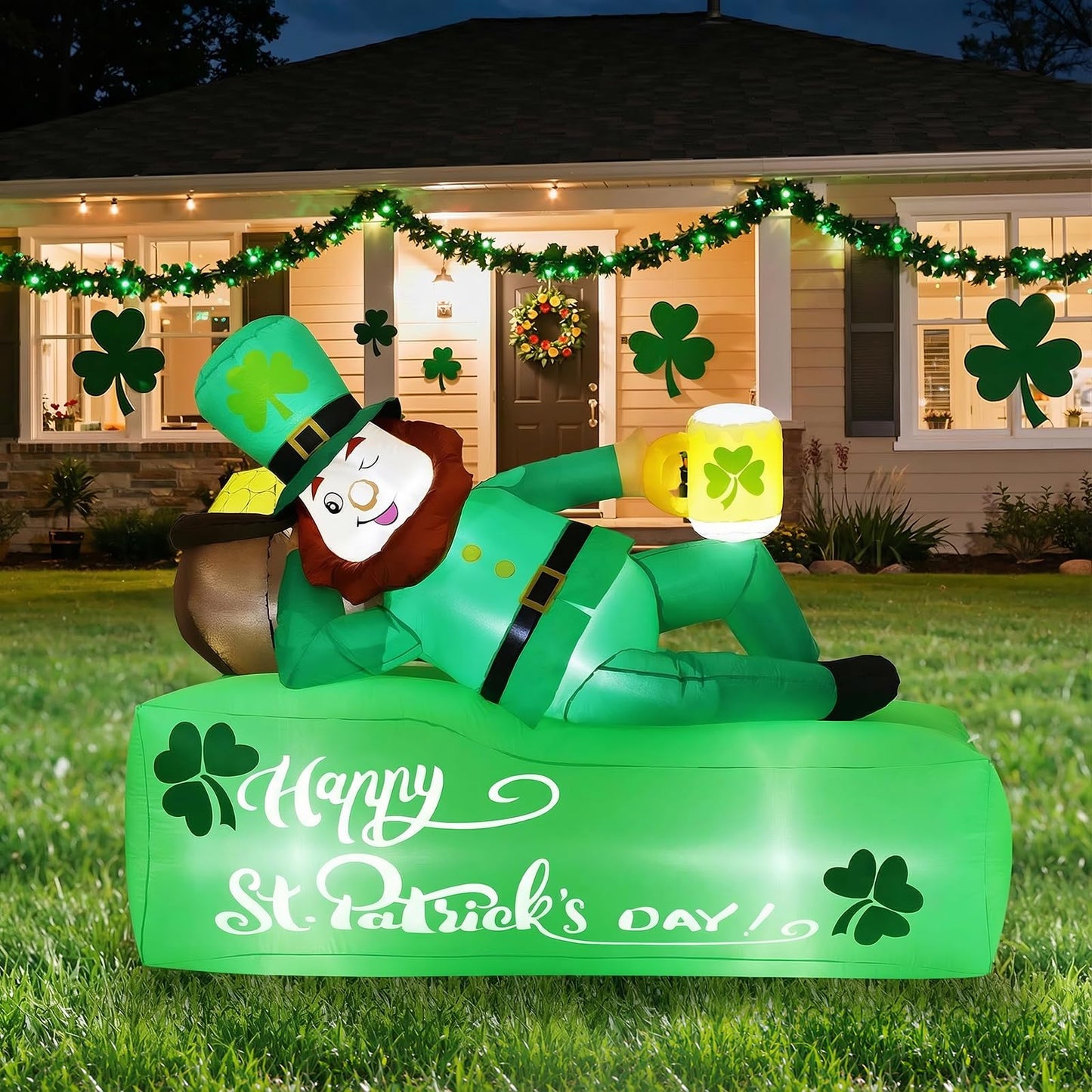 Lewondr 5.9FT St Patricks Day Inflatable Outdoor Decorations, Inflatable Leprechaun Lay on The Bed with Shamrocks, Blow up Yard Decoration with 6 Build-in Lights for Holiday Party Yard Lawn Garden