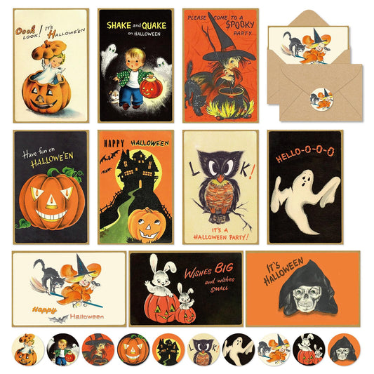 Whaline 50 Pack Halloween Greeting Cards with Sticker Envelope Vintage Evil Pumpkin Witch Blank Note Cards for Party Invitations, 4 x 6 Inch