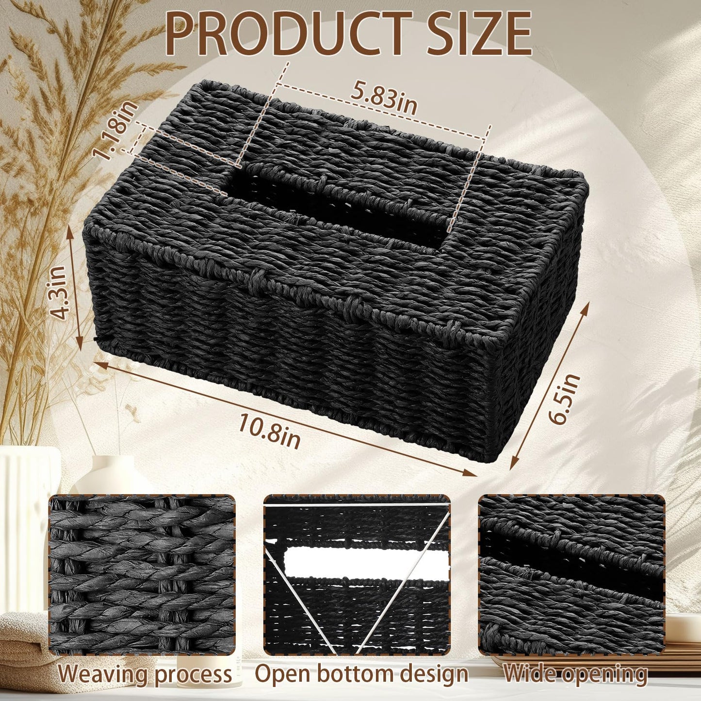 Acellegic Black Tissue Box Cover Rectangle Natural Paper Rope Hand Woven Tissue Box Holder for Bathroom Living Room Bedroom Kitchen Table Desk Office Farmhouse Home Decor