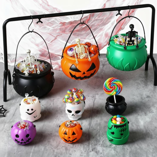 Capoda 12 Pcs Halloween Cauldrons Serving Bowl Decor Set Include 3 Plastic Witch Cauldrons Rack and 6 Mini Halloween Candy Bucket Punch Bowls and 3 Skeletons for Home Decor Witch Party Supplies