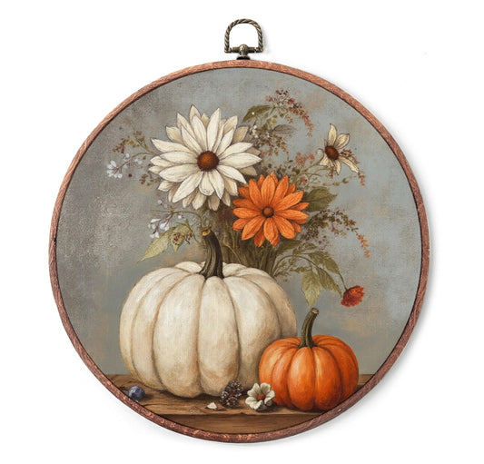 Vintage Fall Round Wall Art Decor, Gifts for Thanksgiving, Pumpkin Autumn Framed Art, Fall Print Canvas Framed Wall Art, Round Hanging Decor for Thanksgiving Farmhouse Bedroom Living Room, 10x10