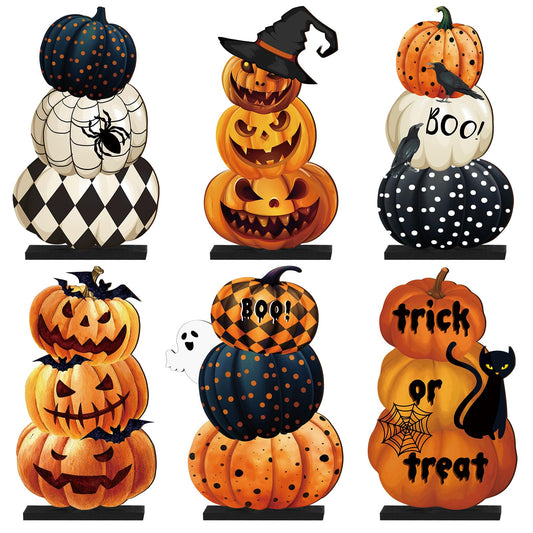 Soaoo 6 Pcs Halloween Table Decoration Pumpkin Table Centerpiece Home Ornament Indoor Wooden Sign for Halloween Party Dinner Kitchen Decor
