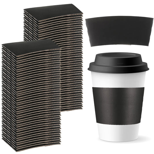 Thenshop 100 Pcs Black Coffee Sleeves Disposable Coffee Cup Sleeves Corrugated Kraft Paper Cardboard Protective Hot and Cold Insulator, Fits 12, 16, 20, 22, 24 oz Drink Beverage Cups
