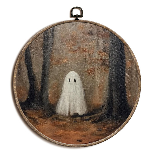 Yorhifa Halloween Ghost Framed Wall Art, Spooky Ghost Aesthetic Round Wall Art, Rustic Fall Forest Round Walls Decor, Farmhouse Gothic Circle Canvas Artwork Hanging Decor, 10x10in