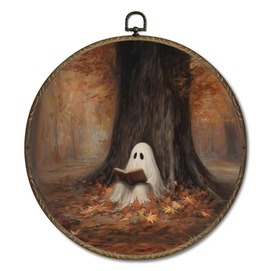 OINDADE Ghost Fall Round Wall Art Decor, Vintage Cottagecore Halloween Bookish Wall Art Hanging Decor, Rustic Fall Ghost Reading Book Autumn Framed Canvas Artwork for Library Home Room, 10x10in