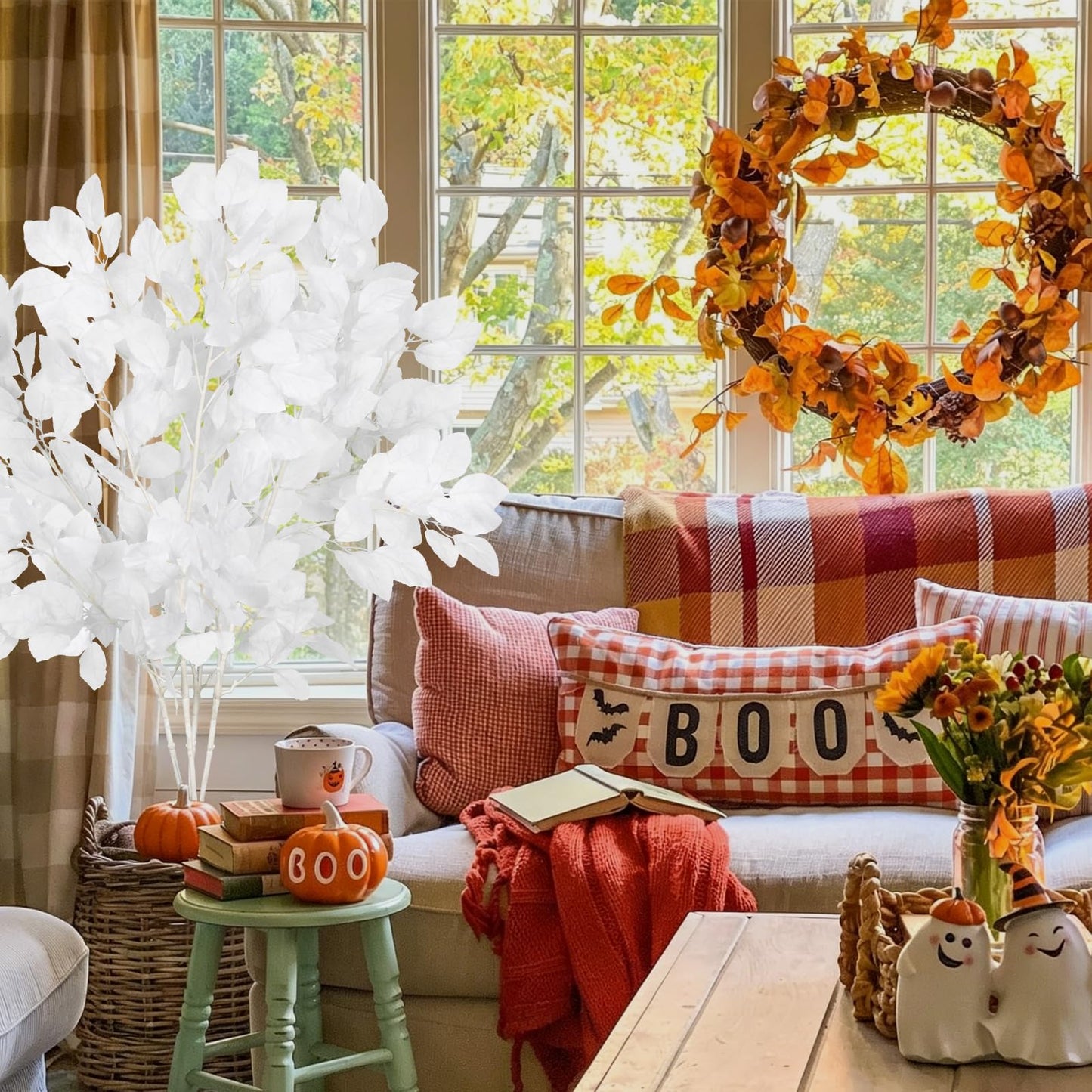 RECUTMS Artificial Fall Beech Leaf Stems 4Pcs 39Inch Fake Foliage Branches for Tall Vase Faux Autumn Leaves Long Greenery Stem for Thanksgiving Halloween Harvest Home Wedding Party Decor(White)