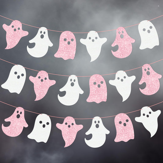 Halloween Party Supplies Halloween Hanging Ghost Banner 2PCS Glitter White Pink Ghost Birthday Party Cutout Banner for Home Haunted Houses Baby Shower Decor