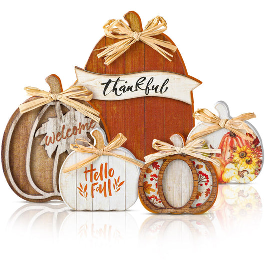 GlikCeil 5 Pcs Fall Brown Pumpkin Decor for Home Thanksgiving Wooden Table Centerpiece Decorations Fall Wooden Pumpkin Signs for Autumn Farmhouse Home Living Room Kitchen Mantle Tabletop Supplies