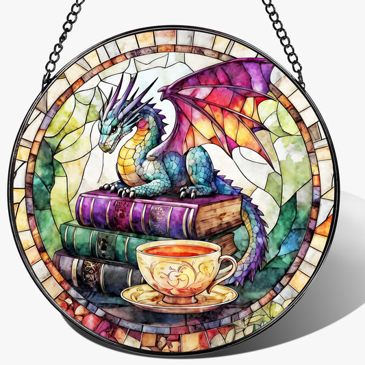 Dragon Stained Glass Window Hanging, 8 Inch Sun Catchers Indoor Window, Suncatchers for Windows Hanging, Home Decor and Christmas, Festival, Birthday, Gifts for Readers, Book Lovers, Women, Men