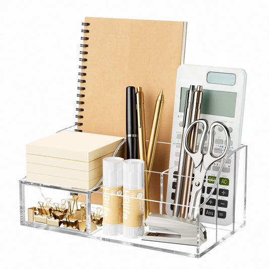 HBlife Acrylic Desk Organizer with Drawer, Pen & Pencil Holder, Multifunctional Desktop Caddy for Office Supply and Organization (Clear)