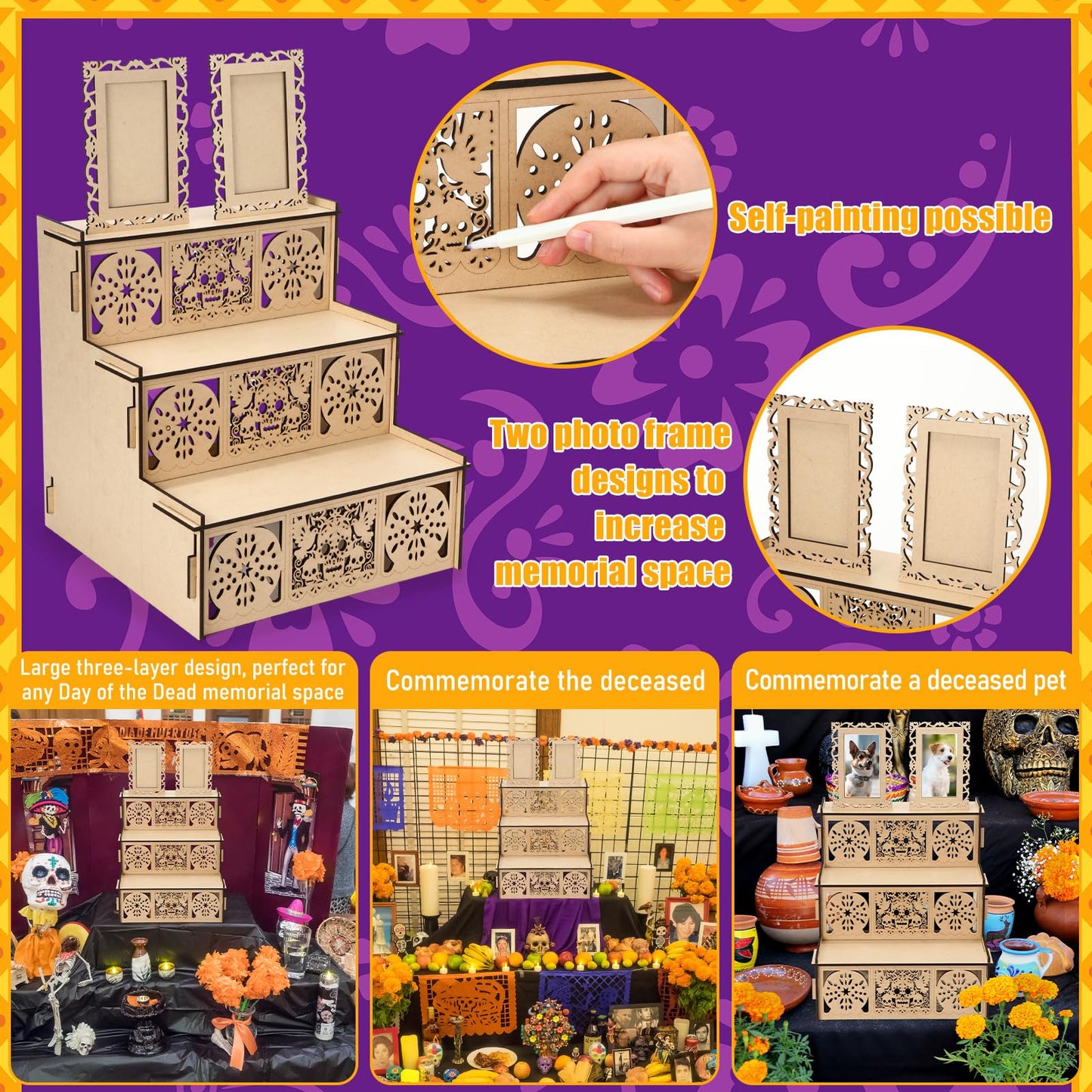 MotiMind Dia De Los Muertos 2 Photo Frame Three Layer Altar Ofrenda Box, Poplar Plywood Sugar Skulls and Pan de Muerto Papel Picado, Self Painting Shadow Box Frame The Day of The Dead Decor(Elegant)