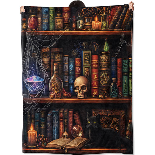 amepay Gothic Library Blanket Gifts for Women Adult Girls,Goth Witches Bookshelf Throw Blankets,Soft Comfy Lightweight for Home Halloween Couch Bed Sofa Decor Skulls Black Cat Potions Design 50x60in