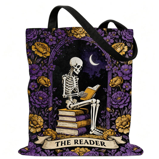Gothic Skeleton Aesthetic Canvas Tote Bag for Book Lovers, Vintage Floral Dark Academia Reusable Bag for Library School Work Travel, Halloween Graduation Birthday Gifts for Women Bookish Book Club