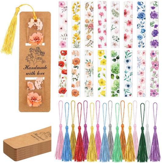 Humyoun 16 Set Flower Acrylic Bookmark Gifts for Women Clear Floral Bookmarks with Colored Tassels and Paper Sleeves Flower Page Marker Tassels Packaging for Teacher Writer Reader