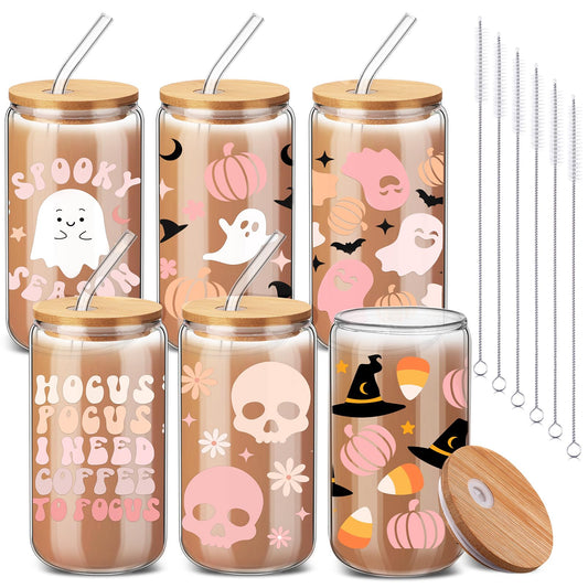 RimCereal 6 Pcs Pastel Pink Ghost Halloween Cup Bulk 16 oz Ghost Glass Mugs with Bamboo Lid and Straw Cute Spooky Skull Iced Coffee Can Tumbler Cute Halloween Stuff Gifts for Women Men Party Favors