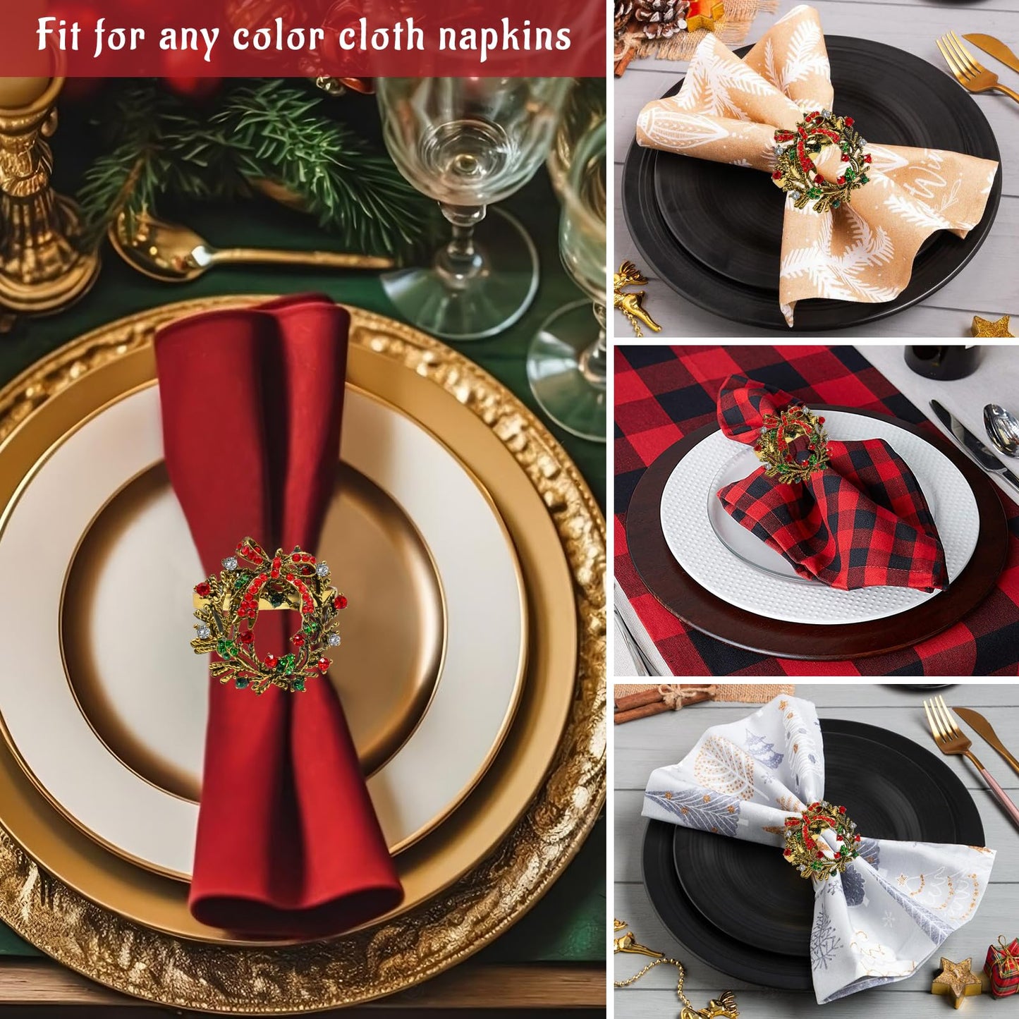 Legigo Set of 12 Christmas Wreath Napkin Rings Set- Metal Xmas Napkin Ring Holders for Cloth Napkins, Christmas Holiday Party Dinner Table Decoration