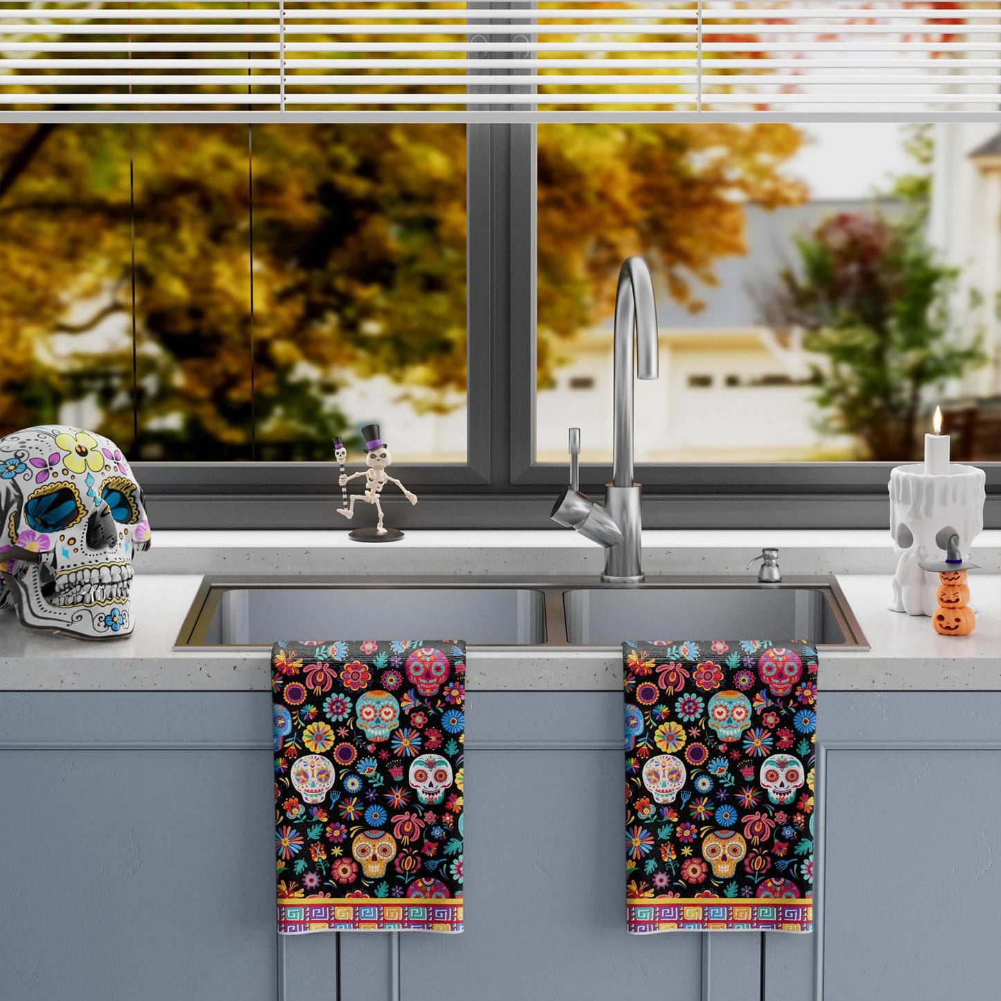 XCHI Colorful Sugar Skull Marigolds Flowers Dia De Los Muertos Kitchen Towels Day of The Dead Dish Towels 18x26 Inch Home Kitchen Decorations Hand Towels Set of 2 Drying Dishcloth