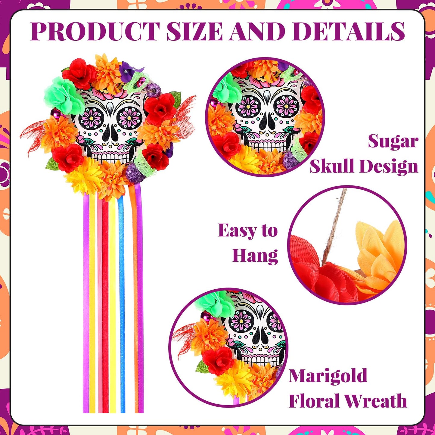 Cinnvoice Day of The Dead Wreath for Front Door Wooden Sugar Skull Marigold Door Wreath Decor Dia De Los Muertos Welcome Sign Hanging for Halloween Mexican Home Wall Porch Window