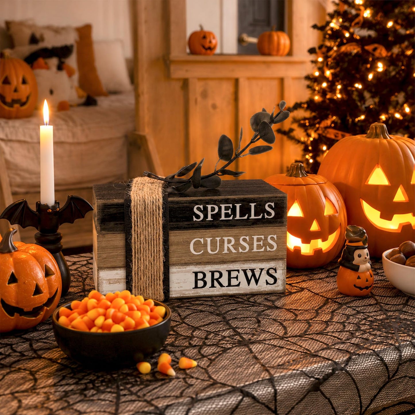 4 Pcs Halloween Table Decorations Halloween Tiered Tray Decorations Rustic Mini Eucalyptus Leaf Coffee Wooden Faux Books Stacks Centerpiece Signs for Farmhouse Office Shelf Tabletop Office Bookshelf