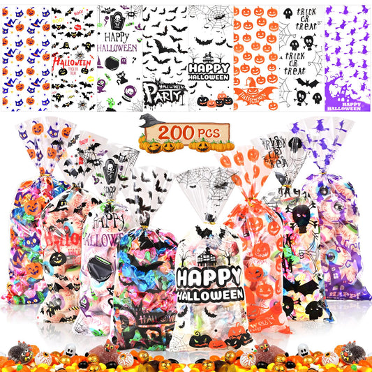 AhfuLife 200PCS Halloween Cellophane Treat Bags, 8 Designs Halloween Clear Candy Bags with Twist Ties for Treat or Treating, Snack Goodie Bags for Party Supplies Favors