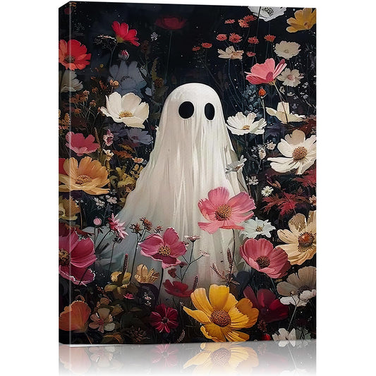 Halloween Canvas Wall Art,Vintage Cute Ghost & Wildflowers Framed Poster, Spooky Fall Decorations for Indoor, Gothic Dark Academia Wall Decor, Funny Halloween Decorations for Living Room Bedroom