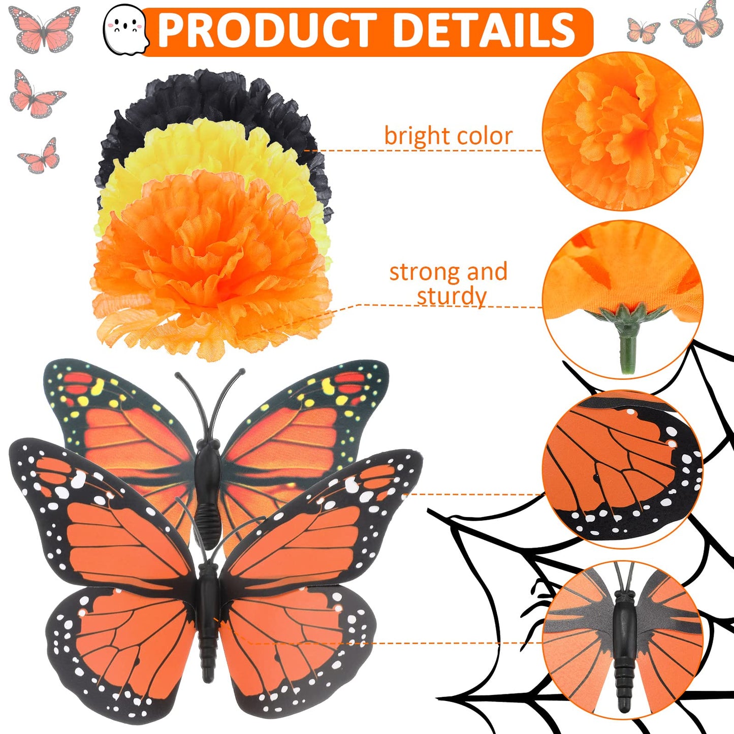 80 Pcs Artificial Marigold Flowers Monarch Butterfly Decorations Kit Dia De Los Muertos Decor Day of The Dead Decorations Include 20 Fake Butterflies for Crafts 60 Marigold Flowers for Diwali Mexican