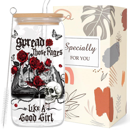 Deorfuy Gothic Glass Cup Gifts for Women Girls, 16 Oz Dark Romance Theme Glass Cup with Lids Straw Gifts, Spooky Skeleton Halloween Tumbler Present