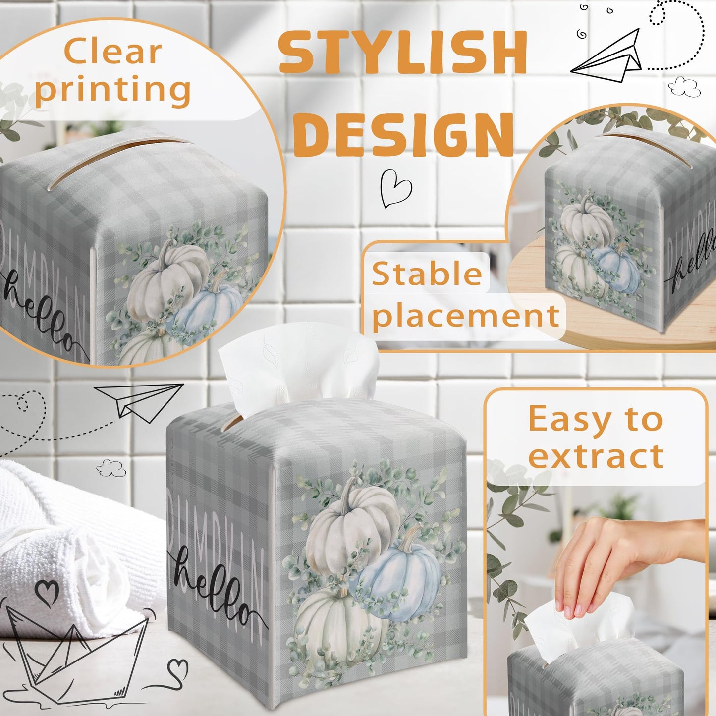Pumpkin Tissue Box Holder, Eucalyptus Pumpkin Plaid Leather Tissue Box Cover Square, Harvest Facial Paper Organizer Dispenser Toilet Paper Holder for Bathroom Kitchen Office Home Decor-A28
