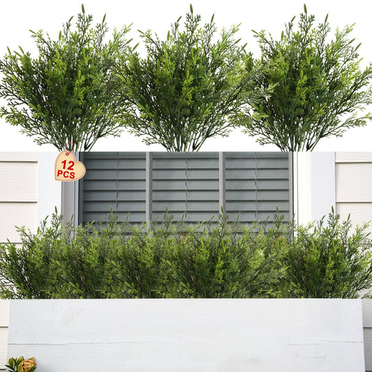 Yoratee Artificial Outdoor Plants 12 PCS Fake Cedar Plants Plastic Faux Pinetree Stems Greenery Shrubs UV Resistant Colorfast Indoor Outdoor Christmas Home Decor for Windowbox Garden Porch Path