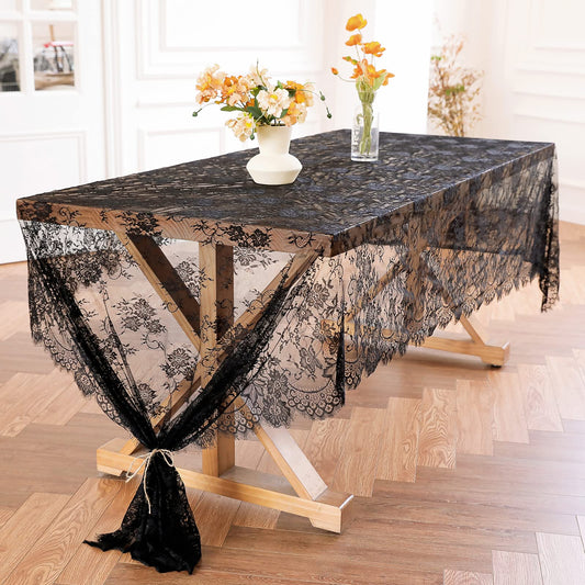 1 Pcs Black Lace Tablecloth 60 X120 Inch Floral Lace Fabric with Eyelash Edge Overlay Dining Tablerunner for Vintage Rustic Boho Wedding Bridal Shower Party Arch Decoration Halloween & Home Styling