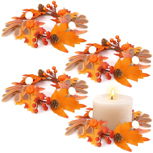 Jansun 4 Pcs Fall Candle Rings, Artificial Maple Leaves Pumpkins Decorative Wreaths for Fall Home Decor Thanksgiving Halloween Centerpieces and Farmhouse Table Settings