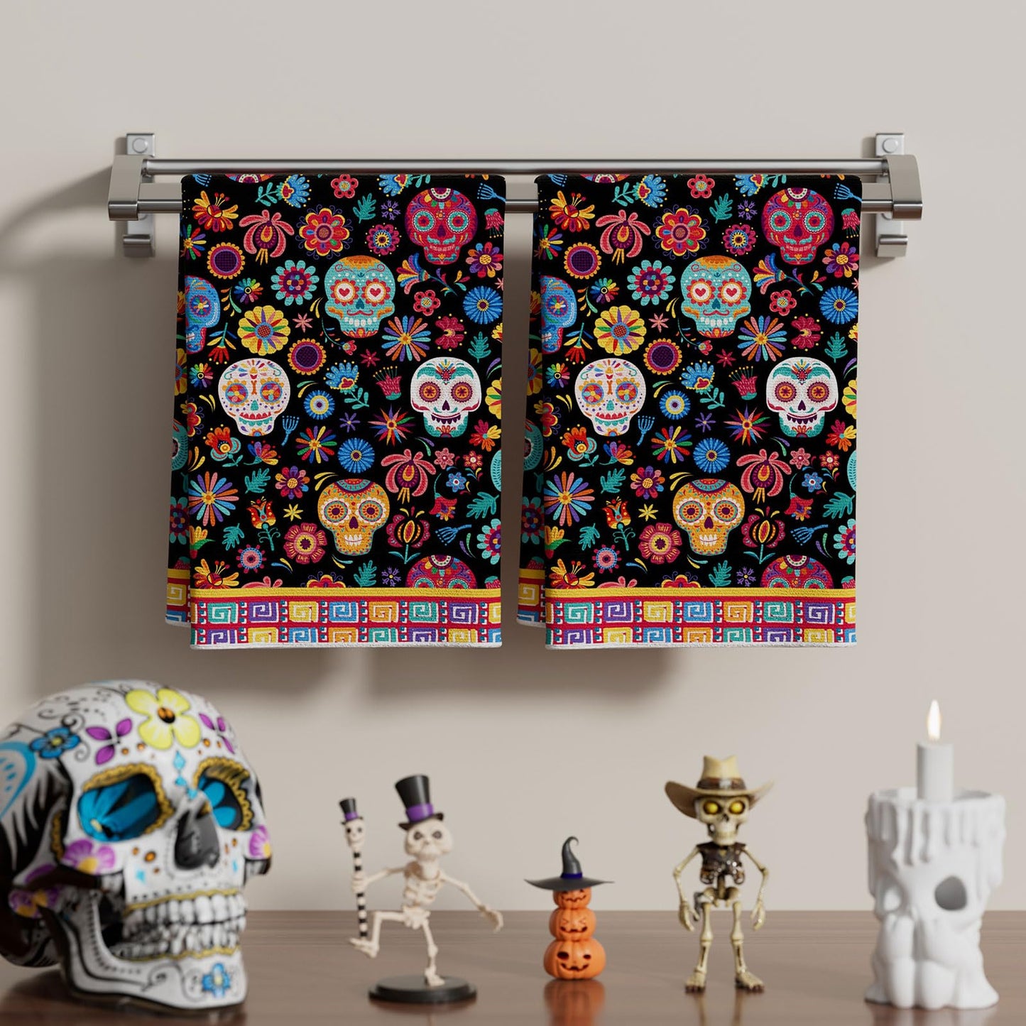 XCHI Colorful Sugar Skull Marigolds Flowers Dia De Los Muertos Kitchen Towels Day of The Dead Dish Towels 18x26 Inch Home Kitchen Decorations Hand Towels Set of 2 Drying Dishcloth