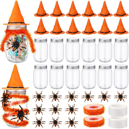 Mimorou 12 Sets Halloween Candy Jars 8.5 oz Plastic Cookie Jars Kit with Witch Hat Lid Scary Spider Food Storage Containers Trick or Treat DIY Crafts for Halloween Party Centerpieces Decor(Orange)