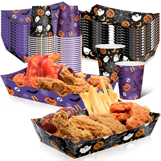 Acellegic 100 Pcs Halloween Paper Disposable Tableware Paper Food Trays Serving Boats Snack Food Container 9 oz Pumpkin Ghost Bats Disposable Cups Black Purple Halloween Party Supplies Kit