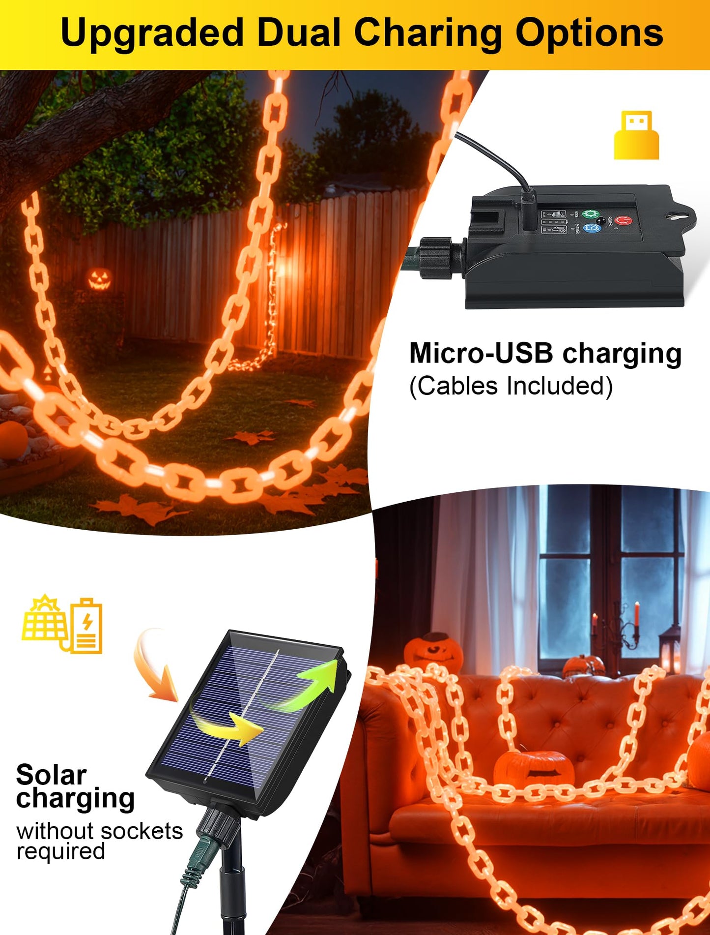 Solar Halloween Decoration String Lights,10.5 FT 175LED Orange Plastic Chain Light with Memory Timer,Waterproof Solar Halloween Light for Yard,Haunted House,Skeleton Dog, Porch,Costume,Spooky,Party