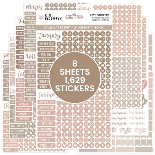 bloom daily planners Muted Neutrals Calendar Essentials Planner Stickers - 8 Sheets, 1629 Stickers Per Pack! - Color Coordinating Monthly Headings, Dates, Icons, Etc. - Aesthetic Boho