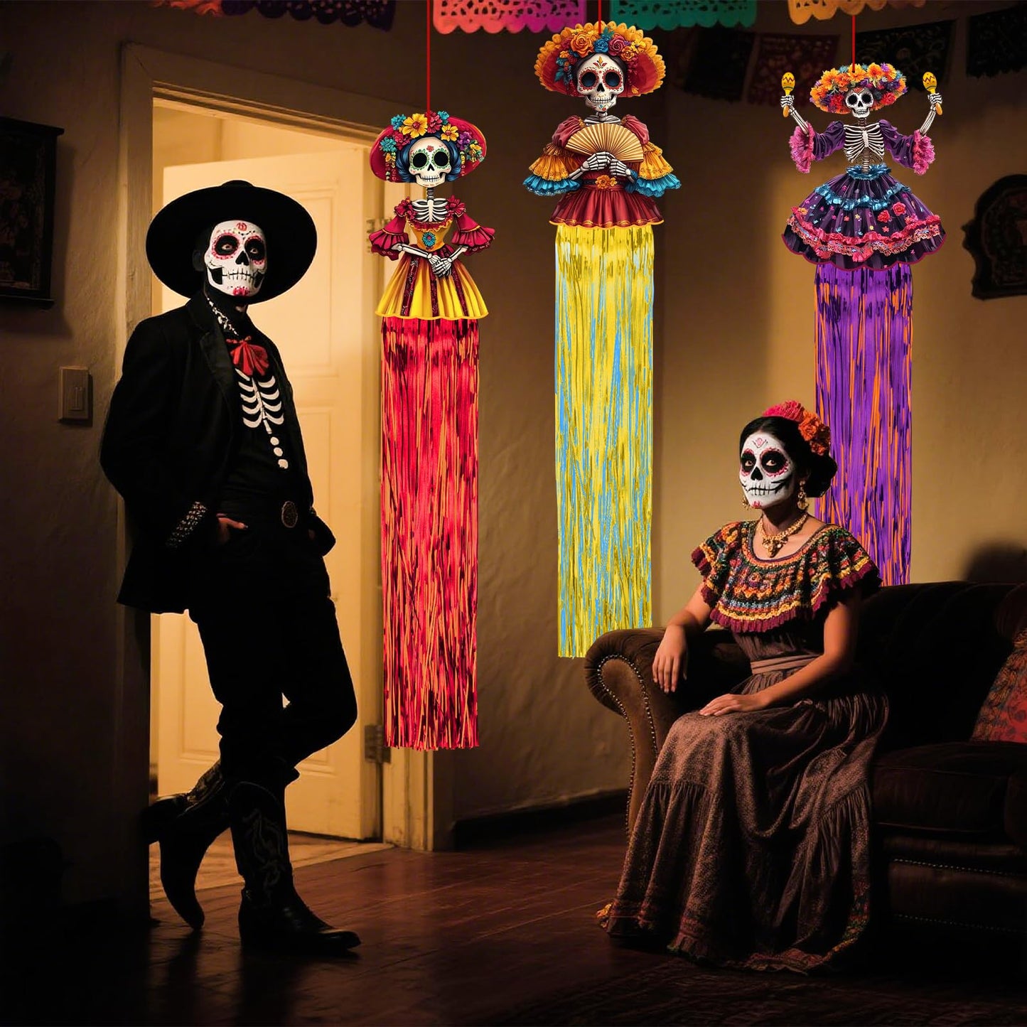 8 Pcs Day of The Dead Sugar Skull Hanging Decorations, 4.9 Ft Dia De Los Muertos Hanging Decorations for Dia de Los Muertos Altar, Ofrenda, Cemetery, Day of The Dead Party Home Outdoor Decor