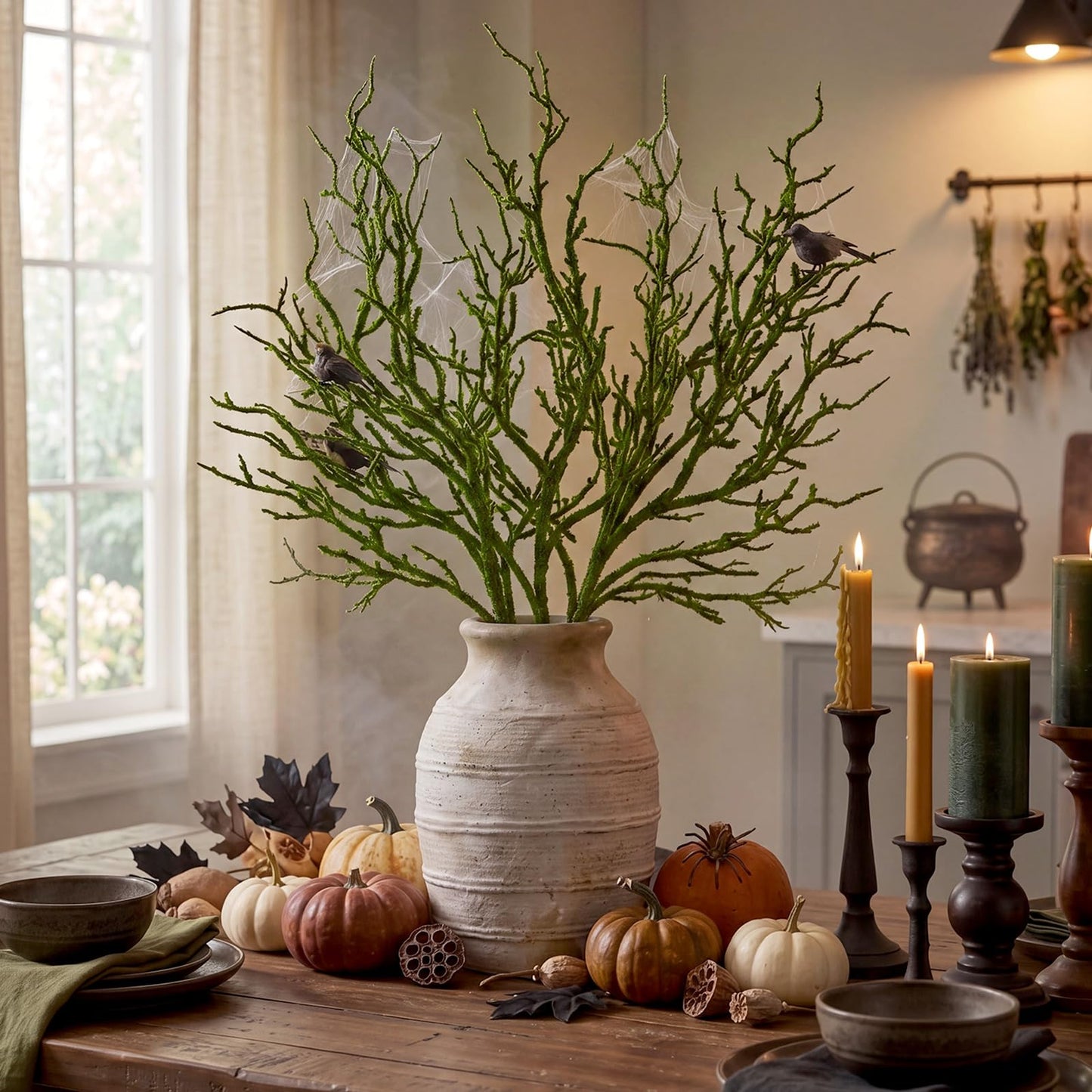 Giegxin 5 Pack 18 Inch Halloween Artificial Moss Branches Rustic Faux Greenery Twigs Bendable Fake Moss Stems for Vase Gothic Witchy Home Decor for Fall Spooky Table Centerpiece Decor