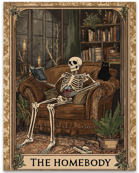 The Homebody Gothic Skeleton w/Book & Wine– Funny Tarot Card Wall Art 11x14 Unframed Poster, Vintage Dark Academia Cozy Print, Spooky Library Decor, Whimsical Halloween Artwork with Macabre Aesthetic