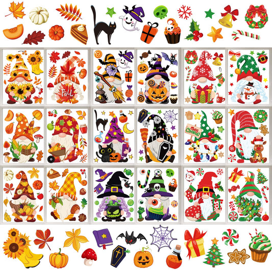 Whaline 204 Pcs Fall Christmas Halloween Gnome Window Clings Colorful Cute Gnomes Pumpkin Bat Xmas Tree Window Decals Thanksgiving Double-Sided Seasonal Glass Stickers for Autumn Home Classroom Decor