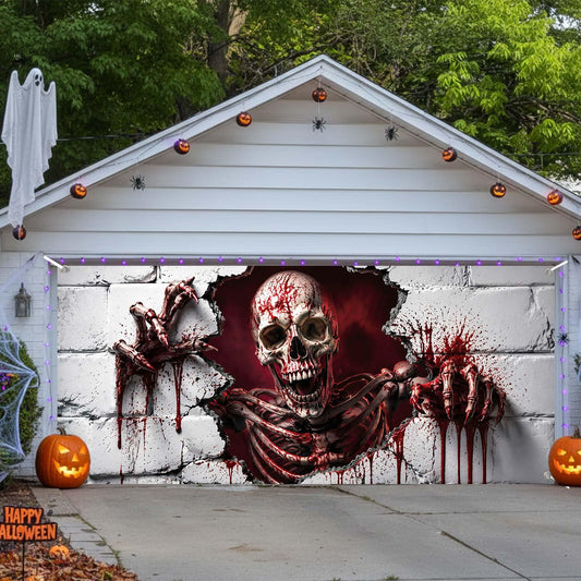 Halloween Garage Door Cover Decoration - Spooky Skeleton Breaking Brick Wall Bloody Handprints Garage Buddy Cover Decorative - Scary Skull Claw Indoor Outdoor Party Decor Door Hanging Banner 8X7FT